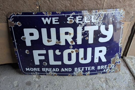 Original Vintage Purity Flour Porcelain Enamel Sign 48” x 30”