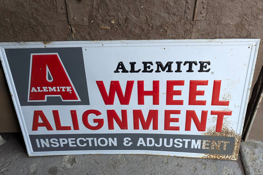 Original Embossed Metal Alemite Wheel Alightment Sign 56" x 32"
