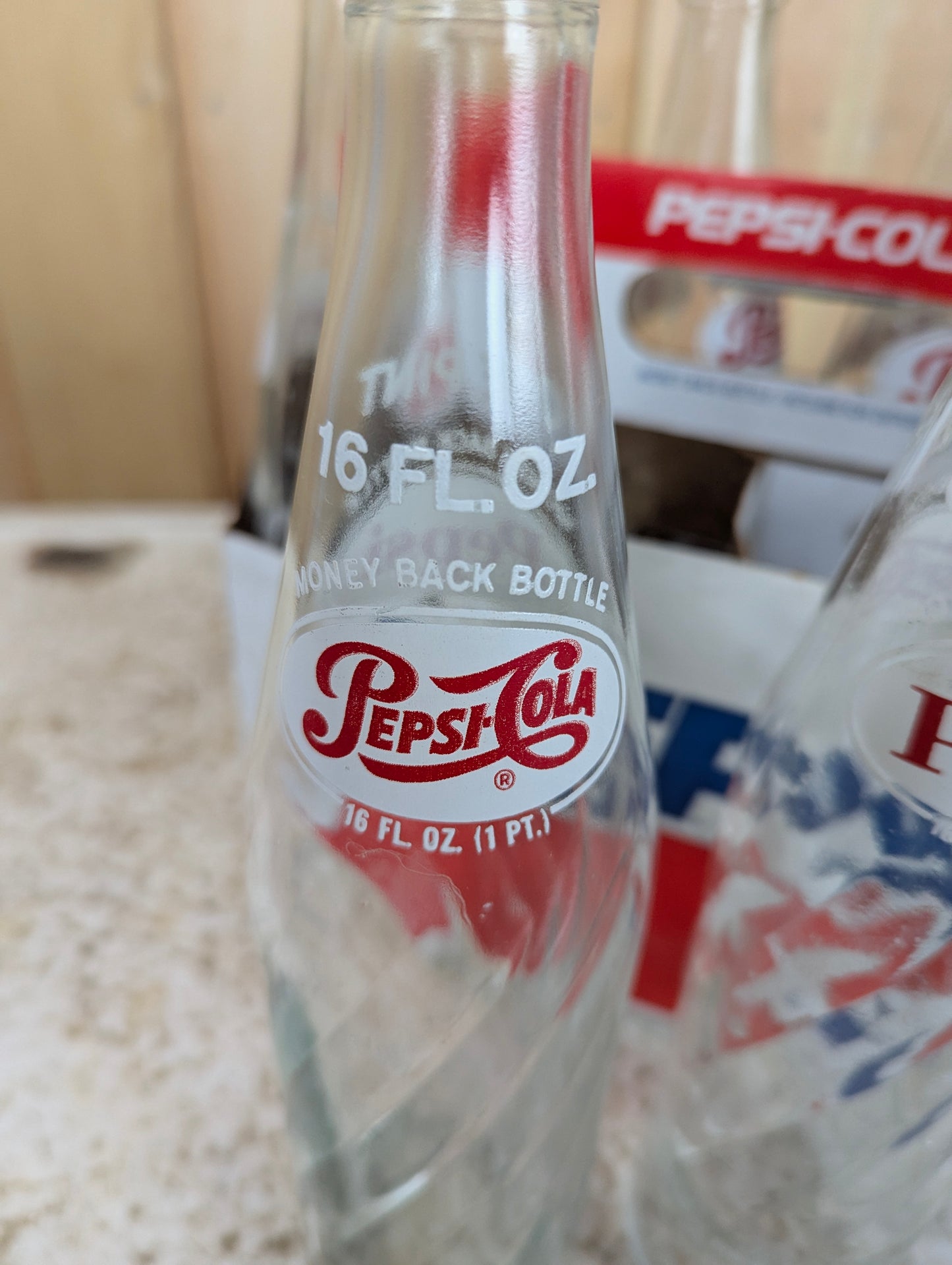 1970’s Pepsi 16 Oz. Swirl Glass Bottles in Cardboard 8 Pk. Case