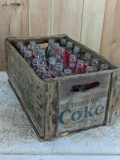 Wooden Coke Crate with 24 Empty Coca Cola Bottles in Cases