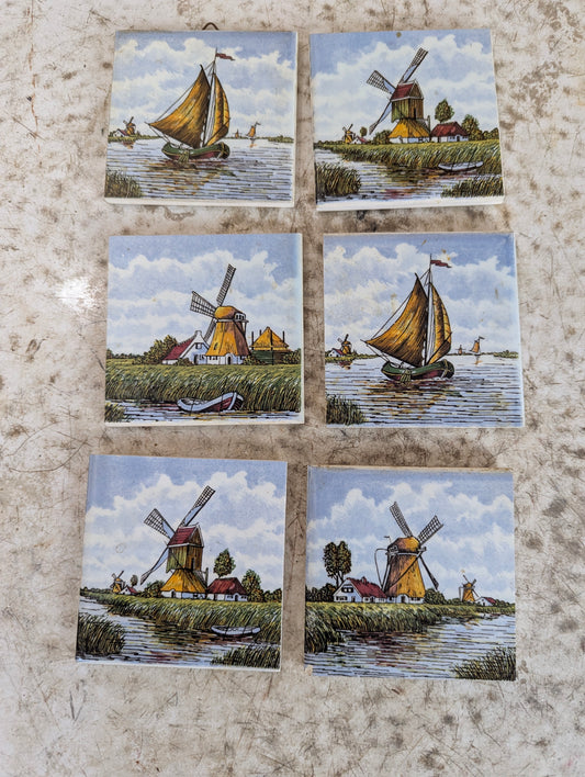 Set of 6 Delft 3” x 3” Dutch Delft Ceramic Tiles