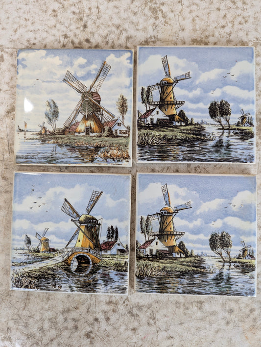 Set of 4 Delft 4.25” x 4.25” Dutch Delft Painted Ceramic Tiles