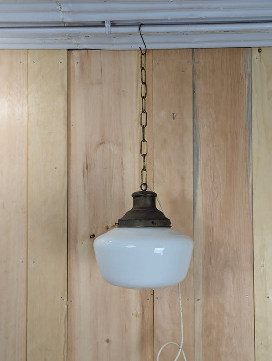 Vintage 1940’s Schoolhouse Milk Glass Pendant Light