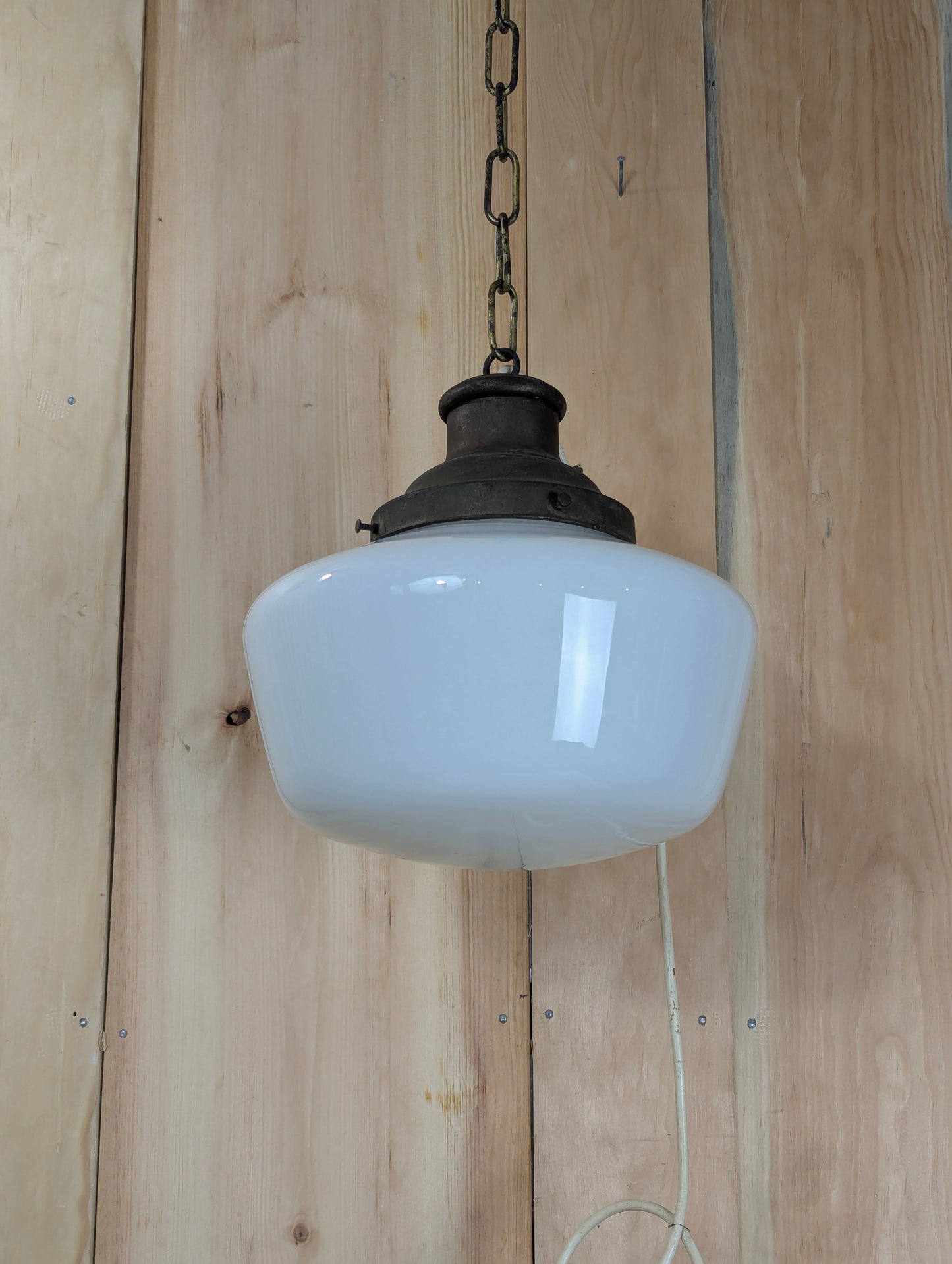 Vintage 1940’s Schoolhouse Milk Glass Pendant Light