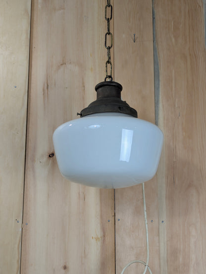 Vintage 1940’s Schoolhouse Milk Glass Pendant Light