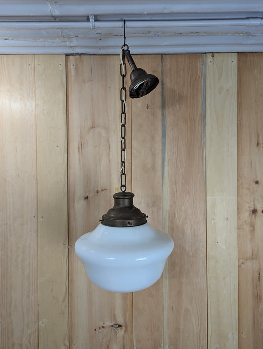 Vintage 1940’s Schoolhouse Milk Glass 13” Pendant Light