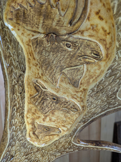 Handcrafted Moose Antler Carving Eagle Sculpture mounted on Wooden Base