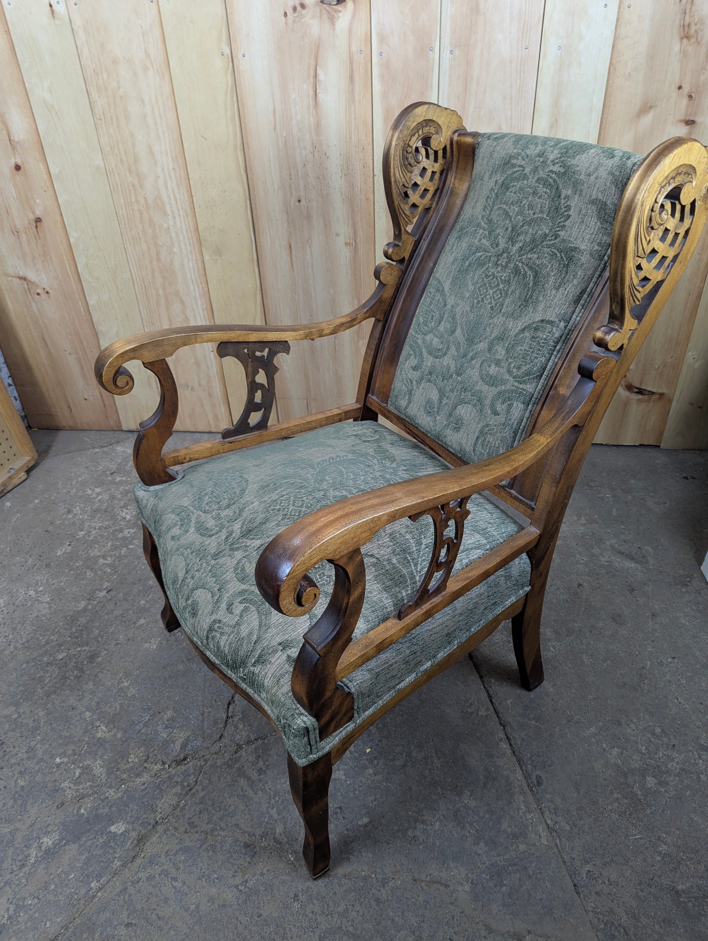 Vintage Solid Wood Carved Wingback Parlour Chair Armchair