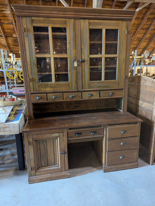 Antique 2 Piece Handcrafted Rustic Farmhouse Kitchen Hutch Bakers Cabinet