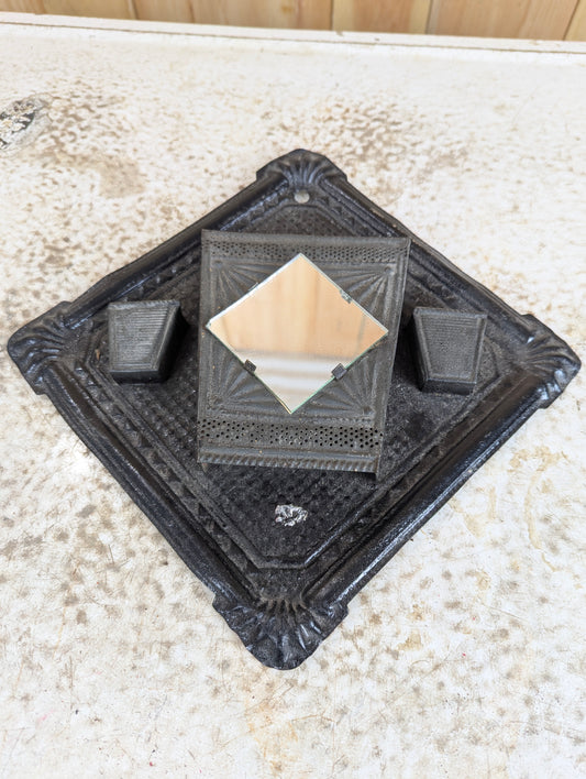 Antique Victorian Black Embossed Pressed Tin Double Match Holder Striker