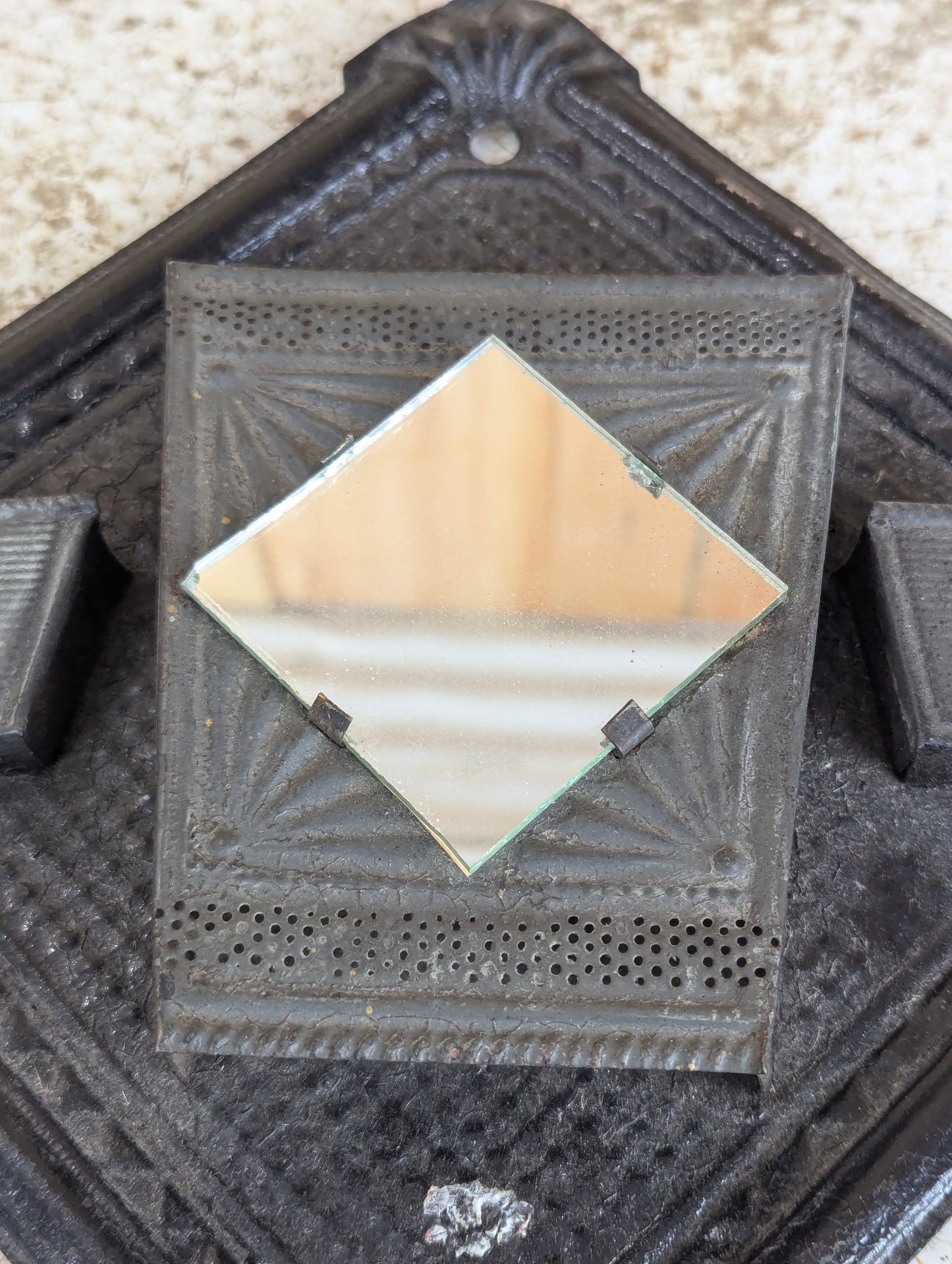 Antique Victorian Black Embossed Pressed Tin Double Match Holder Striker