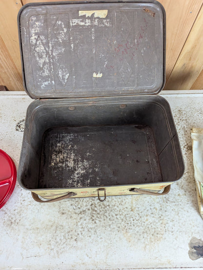 1950’s Tin Picnic Basket with Tablecloth & 4 Plastic Plates