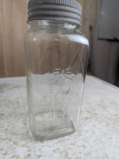 1930’s Blue Ribbon Vacuum Packed Glass Coffee Jar