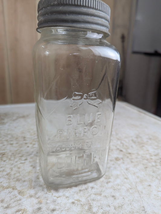 1930’s Blue Ribbon Vacuum Packed Glass Coffee Jar