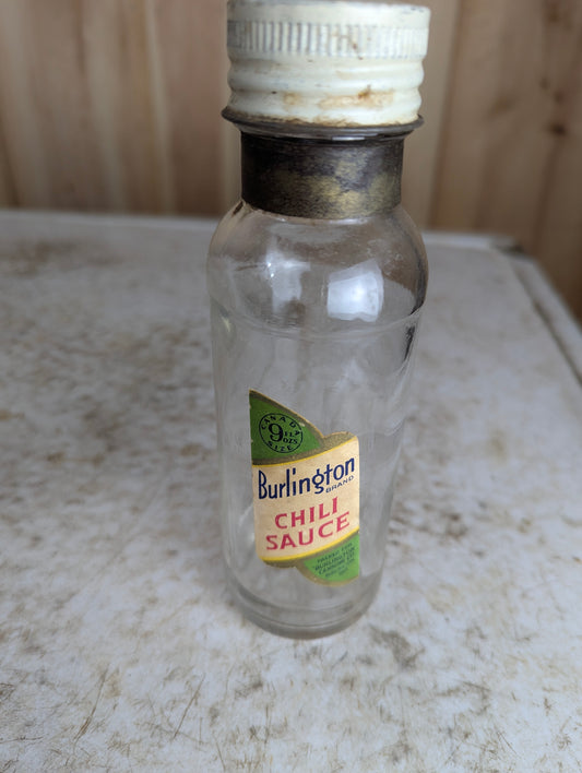 1930’s 9 Fl Oz Burlington Chili Sauce Glass Bottle with Cap
