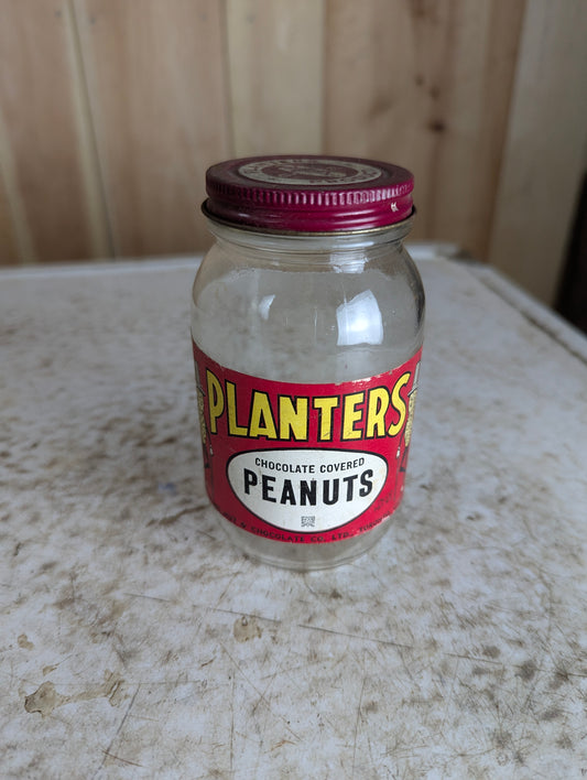 1940’s Planters 7.5 Fl Oz Chocolate Peanuts Glass Jar with Lid