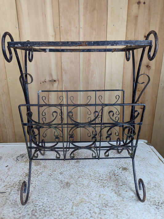 Vintage Black Wrought Iron Side Table Magazine Rack (Without Top)