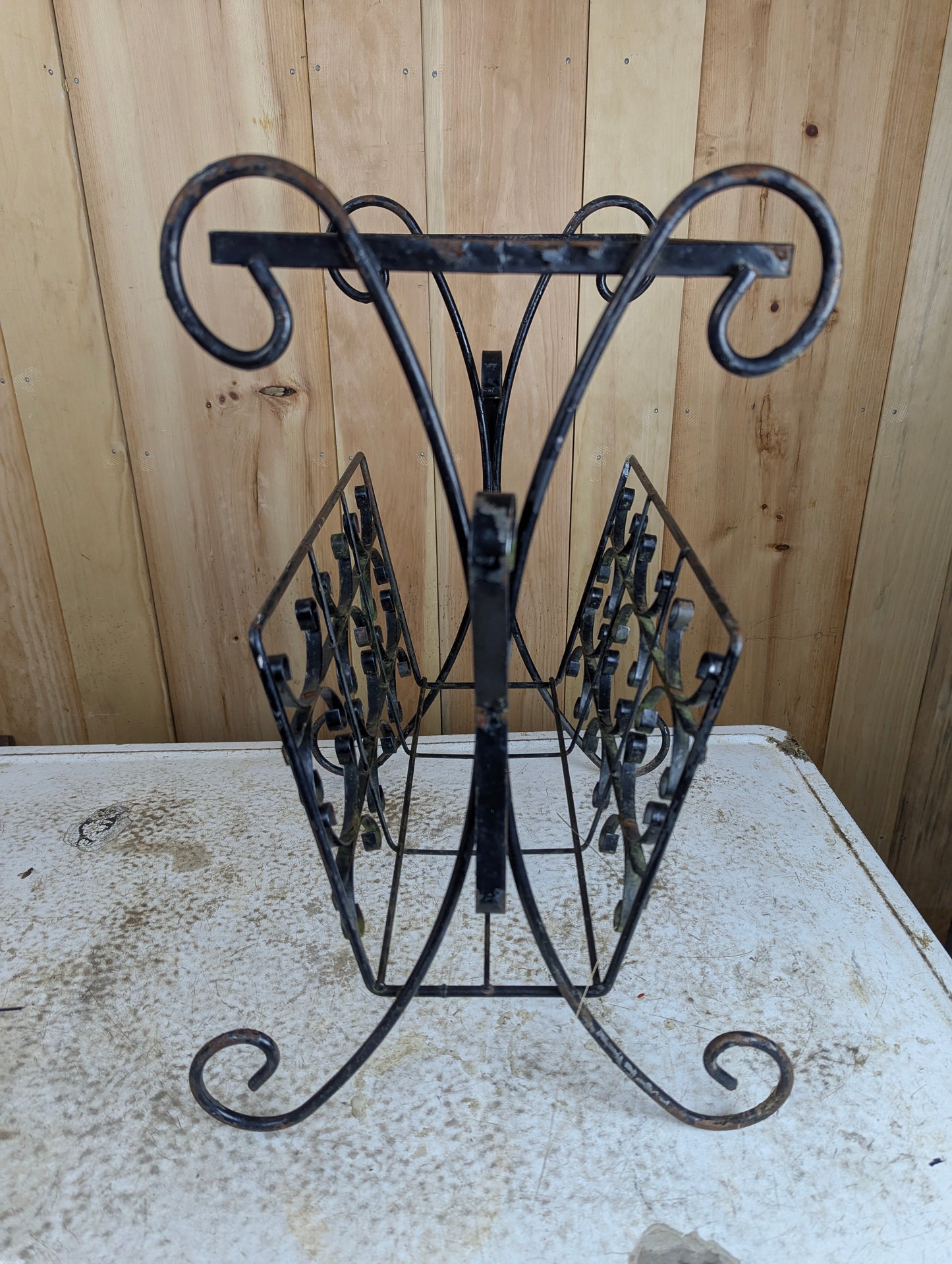 Vintage Black Wrought Iron Side Table Magazine Rack (Without Top)