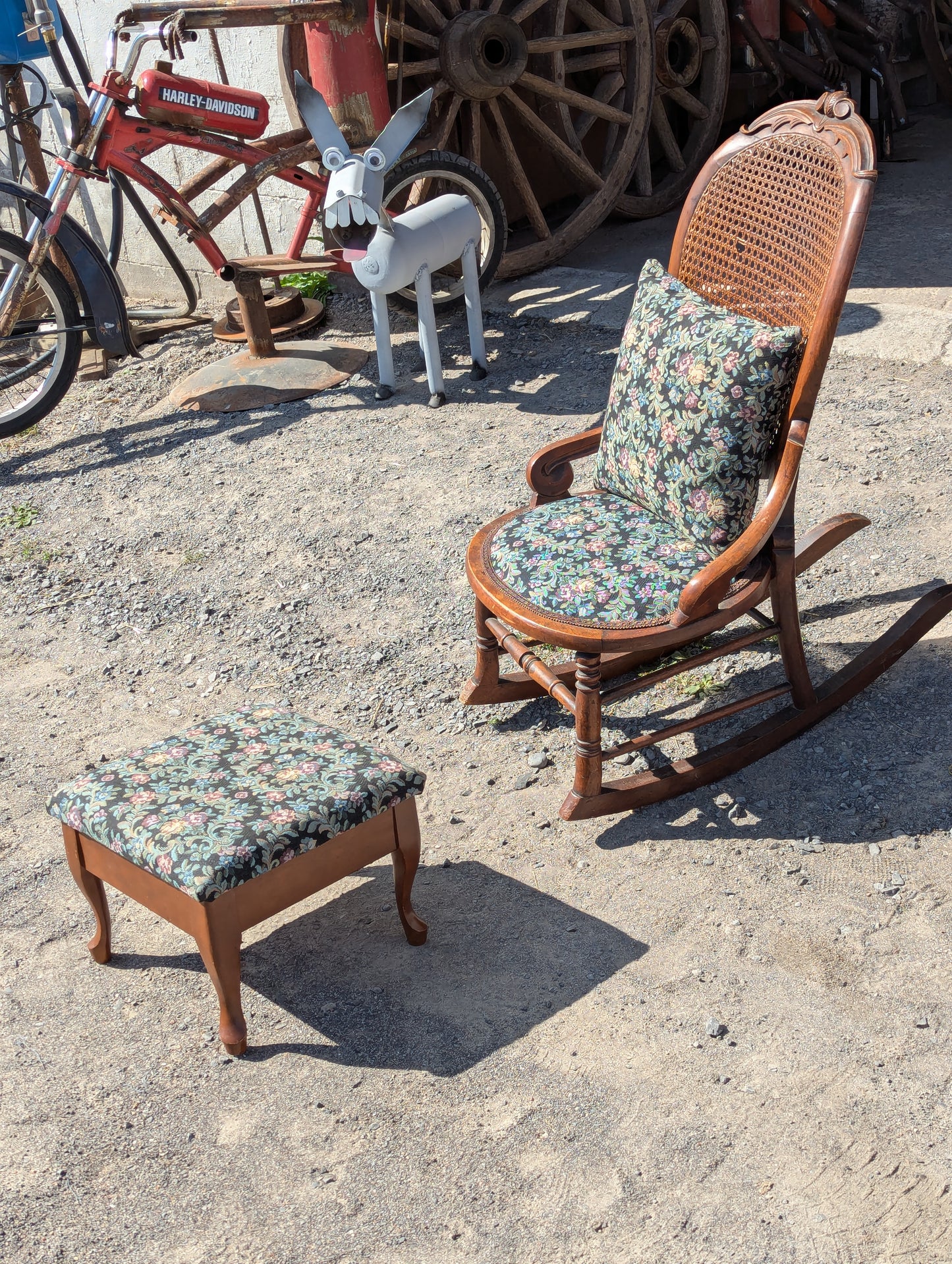 Antique Rocking Chair with Footstool and Cushion