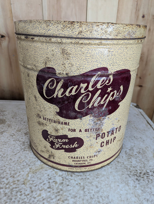 Vintage Charles Chips 3 Lb Chip Tin with Lid