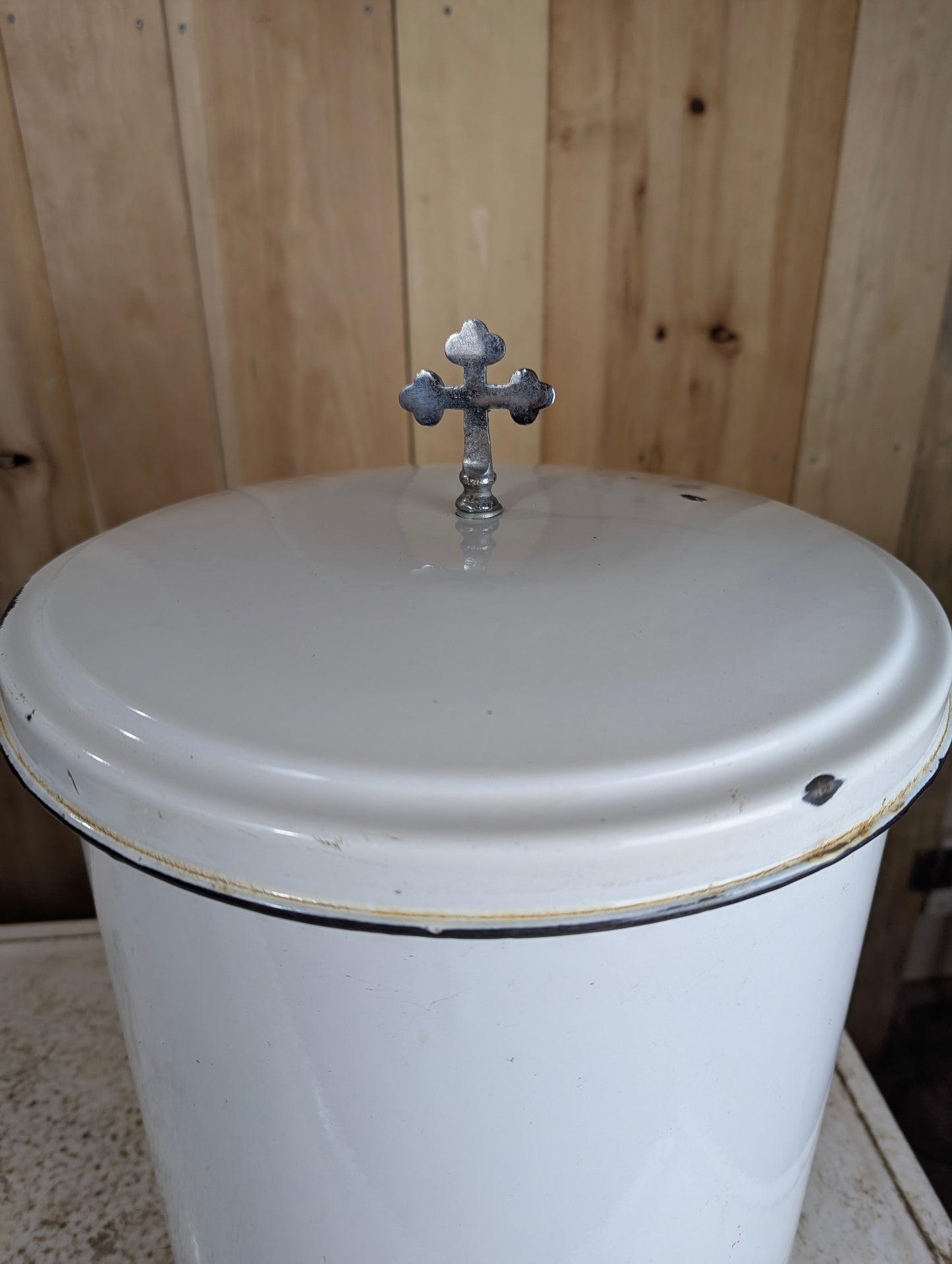 Vintage Porcelain Enamel Baptismal Font
