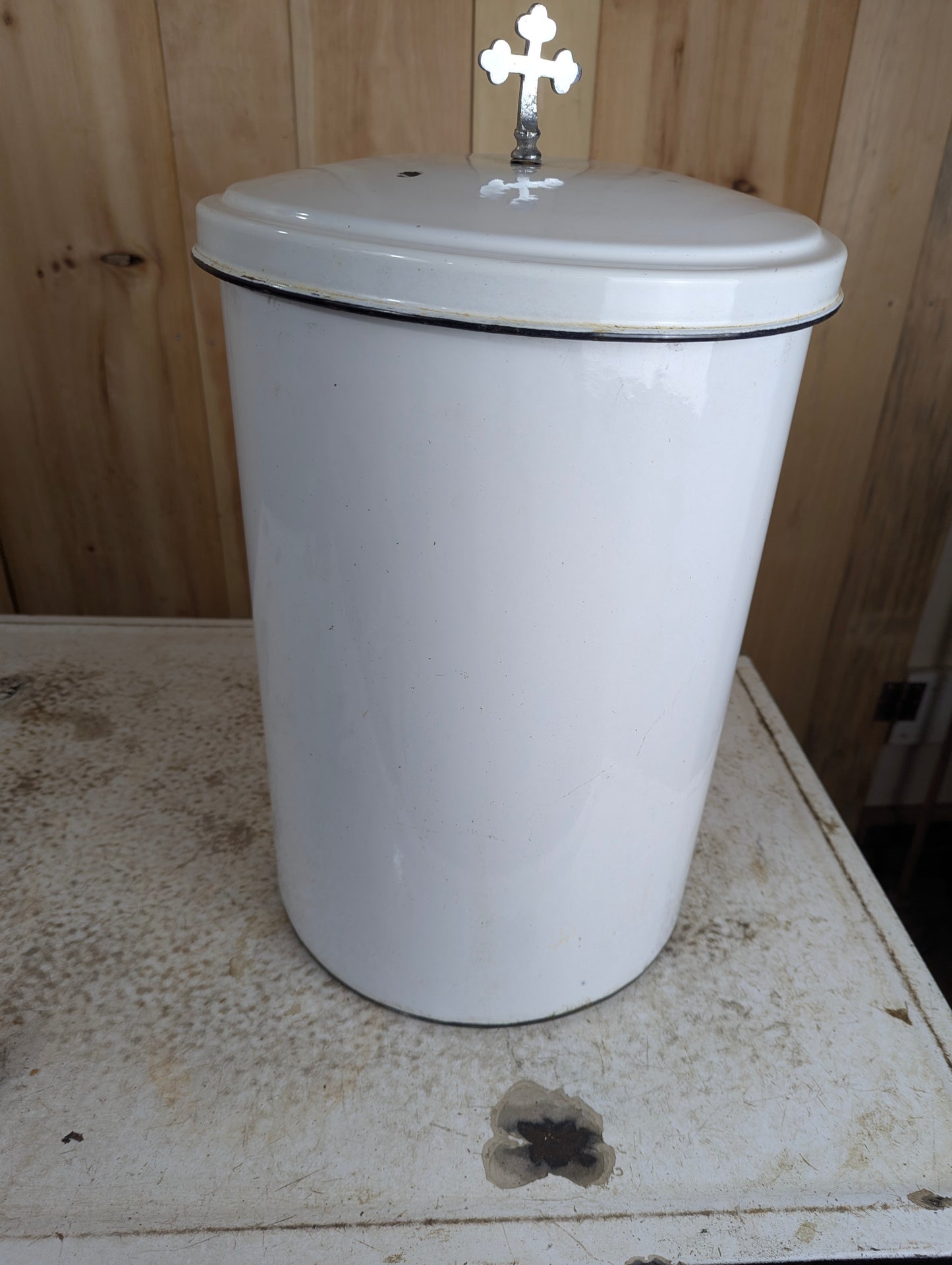 Vintage Porcelain Enamel Baptismal Font