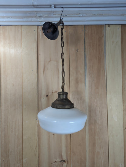 1940’s Vintage Schoolhouse 13” Pendant Light with Milk Glass Globe