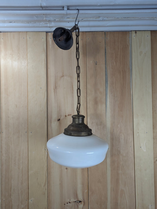 1940’s Vintage Schoolhouse 13” Pendant Light with Milk Glass Globe