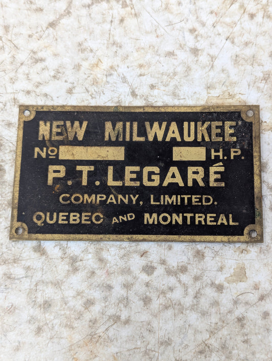Vintage Industrial New Milwaukee P.T. Legaré Brass Blank Nameplate