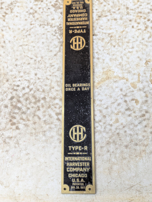 Vintage Industrial Type-R International Harvester Co. Brass Nameplate