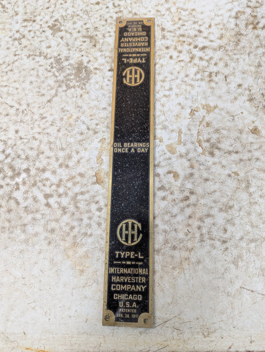 Vintage Industrial Type-L International Harvester Co Brass Nameplate