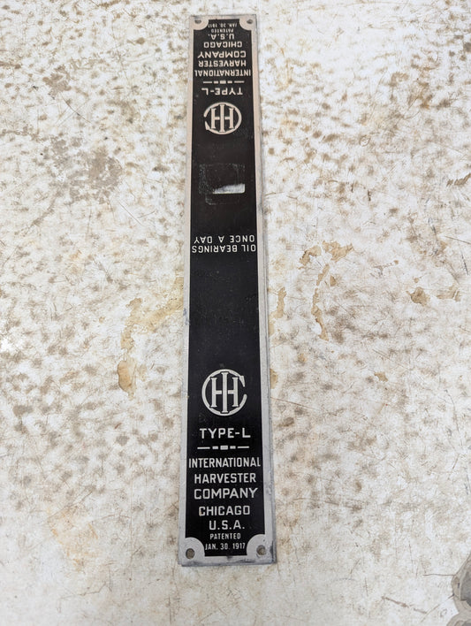 Vintage Industrial Type-L International Harvester Co Aluminum Nameplate