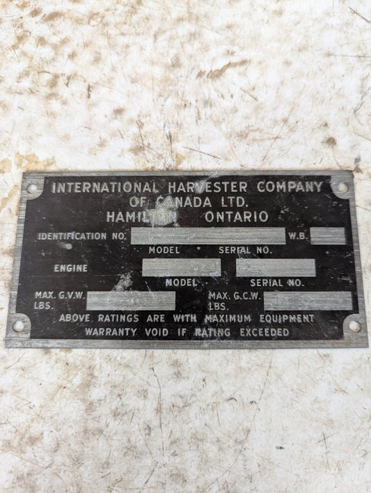 Vintage Industrial International Harvester Co. Aluminum Blank Nameplate