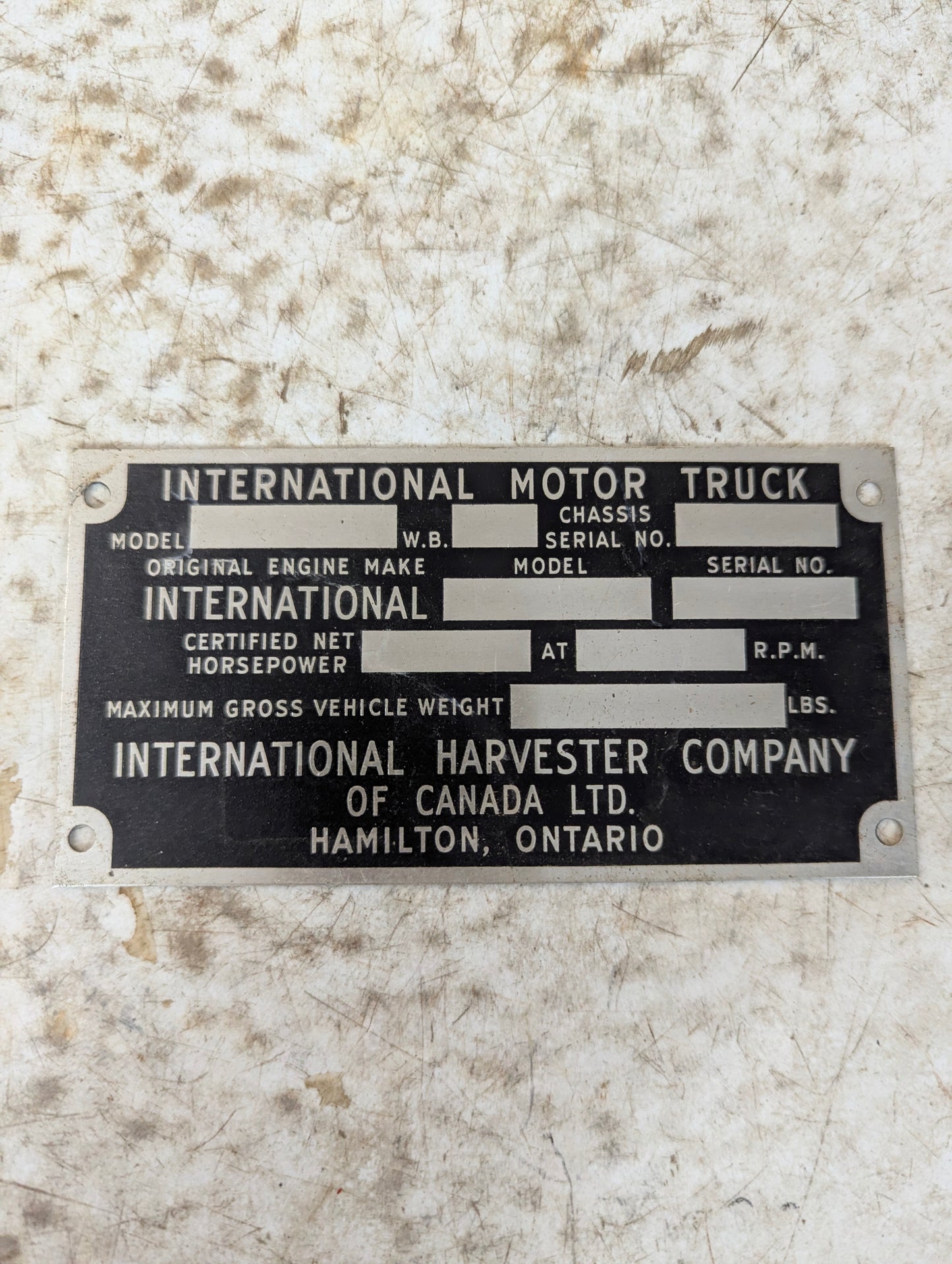 Vintage Industrial International Motor Truck International Harvester Co Aluminum Blank Nameplate