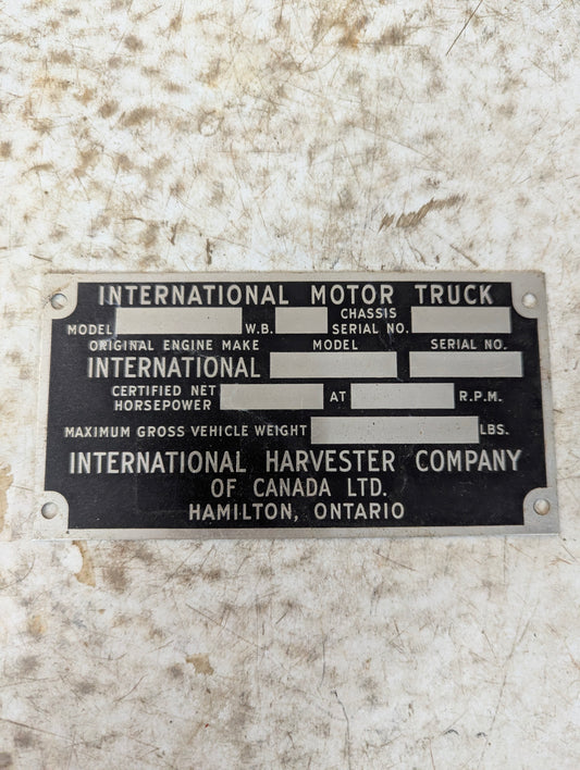 Vintage Industrial International Motor Truck International Harvester Co Aluminum Blank Nameplate