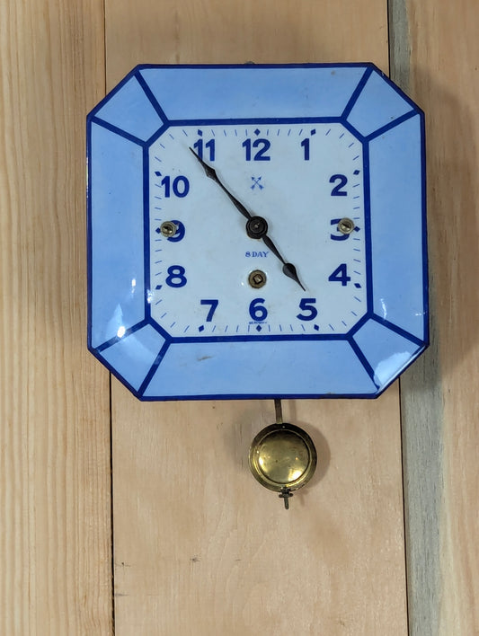 German Made Enamelled White & Blue 8- Day Wall Clock
