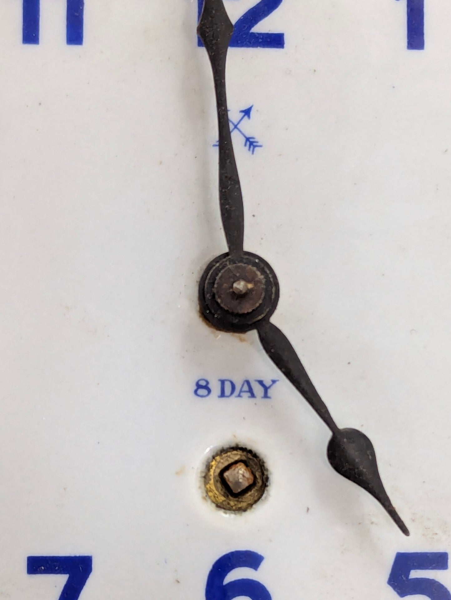 German Made Enamelled White & Blue 8- Day Wall Clock