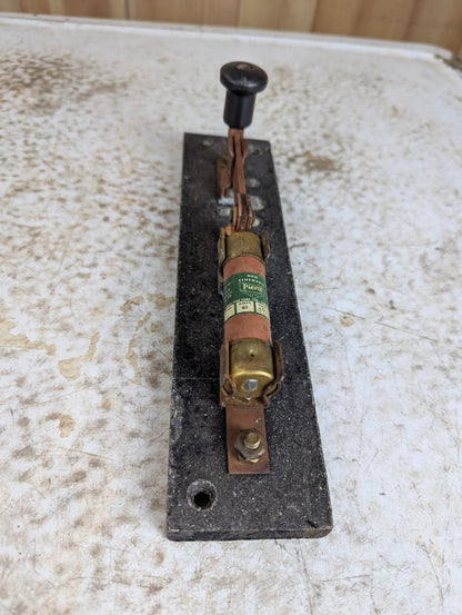 Antique Copper Knife Switch Mounted on Slate with a Fuse