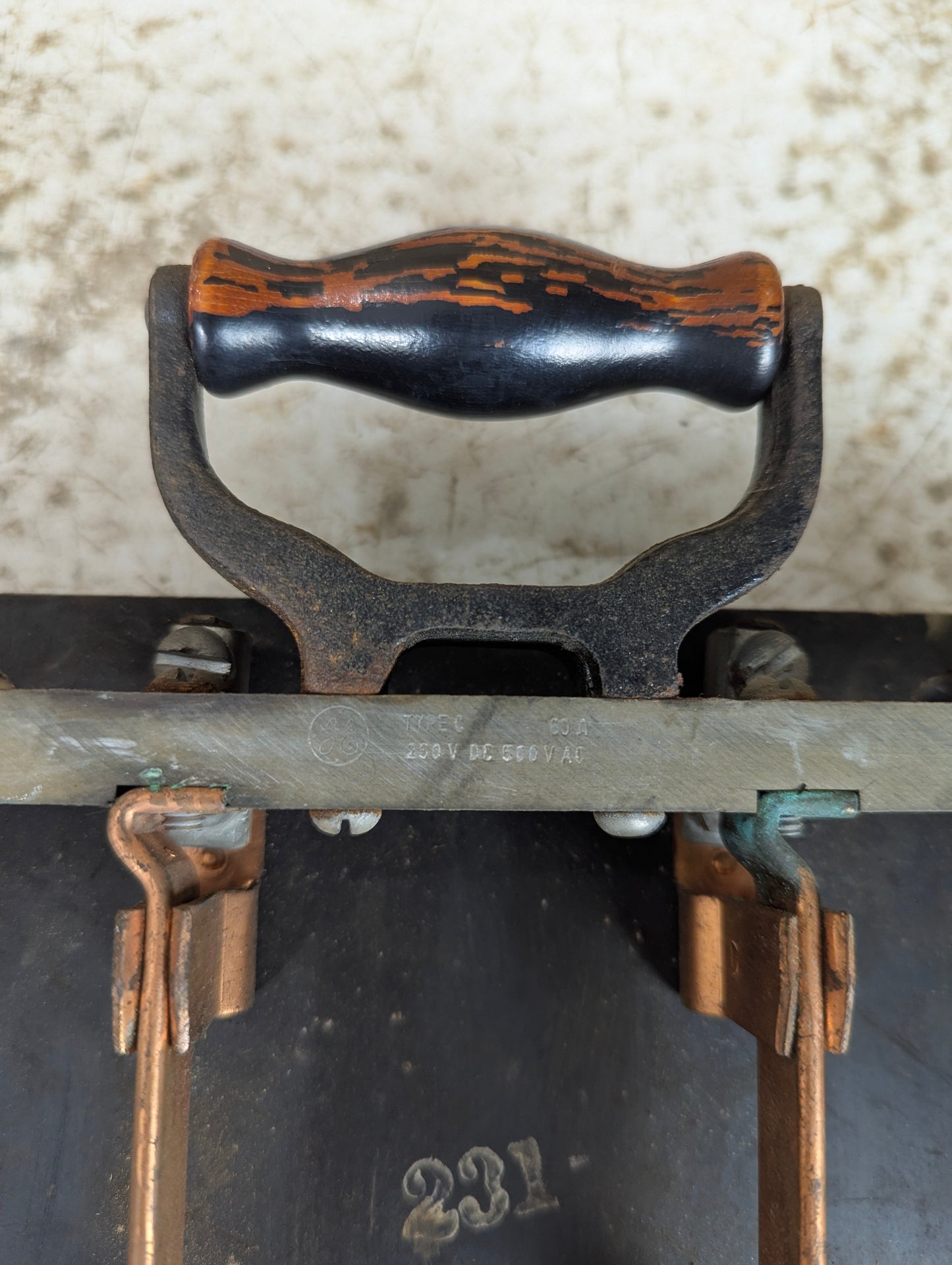 Antique General Electric Copper Knife Switch 4 Pole Single Throw Mounted on Slate