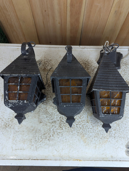 1940’s Cast Aluminum 2 Wall Sconces & Pendant Porch Light with Pressed Amber Glass Paness