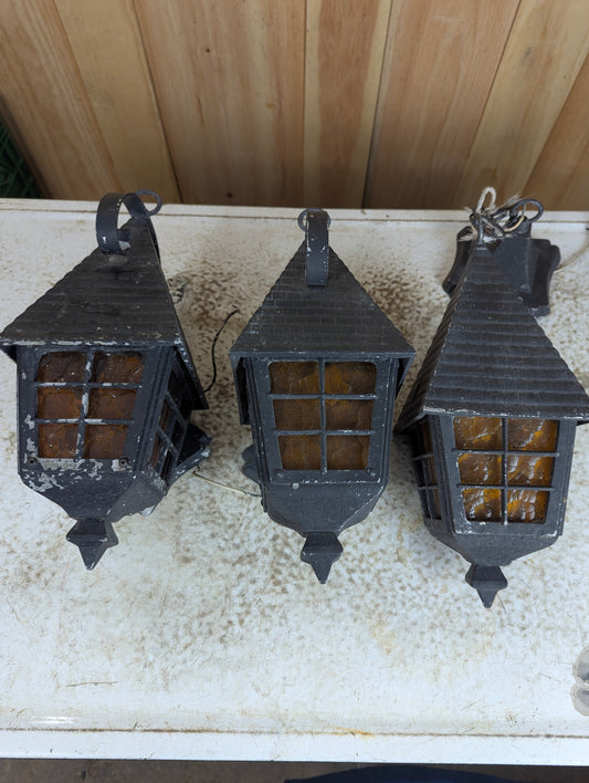 1940’s Cast Aluminum 2 Wall Sconces & Pendant Porch Light with Pressed Amber Glass Paness