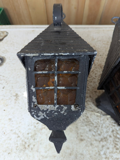 1940’s Cast Aluminum 2 Wall Sconces & Pendant Porch Light with Pressed Amber Glass Paness