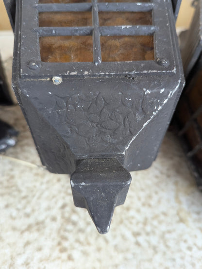 1940’s Cast Aluminum 2 Wall Sconces & Pendant Porch Light with Pressed Amber Glass Paness