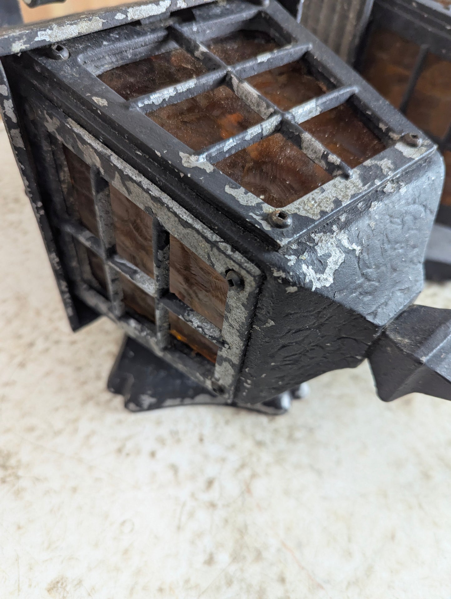 1940’s Cast Aluminum 2 Wall Sconces & Pendant Porch Light with Pressed Amber Glass Paness