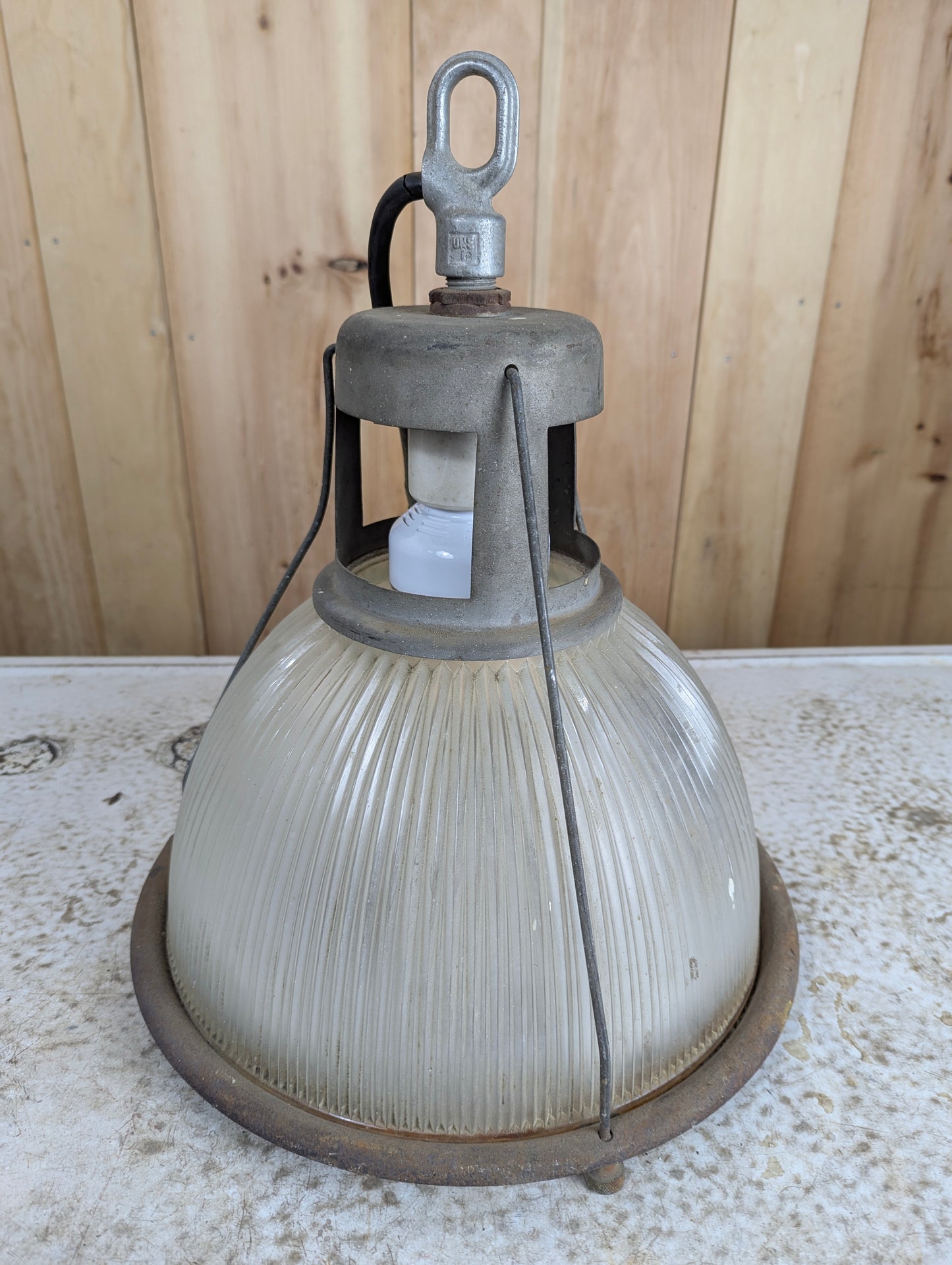 Vintage Industrial Factory Pendant Plug in Light with Holophane Ribbed Glass Shade