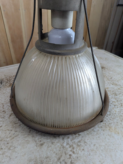 Vintage Industrial Factory Pendant Plug in Light with Holophane Ribbed Glass Shade