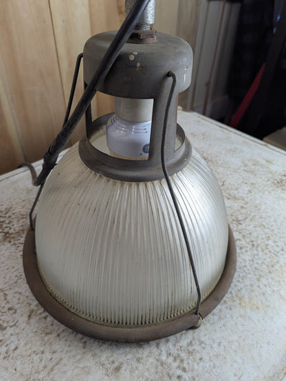 Vintage Industrial Factory Pendant Plug in Light with Holophane Ribbed Glass Shade