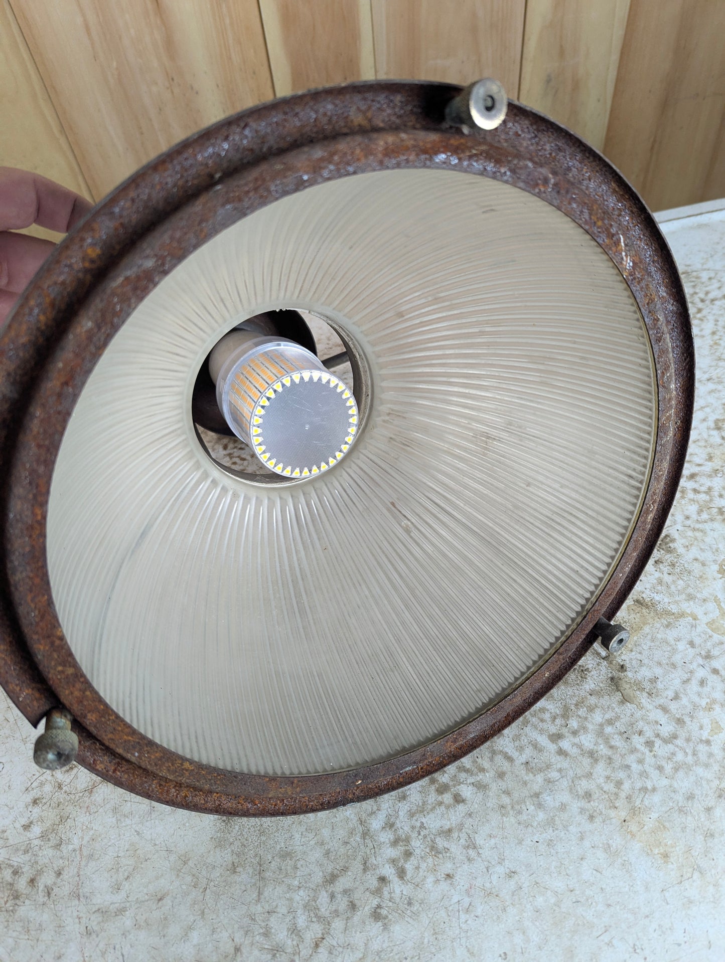 Vintage Industrial Factory Pendant Plug in Light with Holophane Ribbed Glass Shade