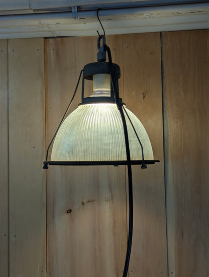Vintage Industrial Factory Pendant Plug in Light with Holophane Ribbed Glass Shade