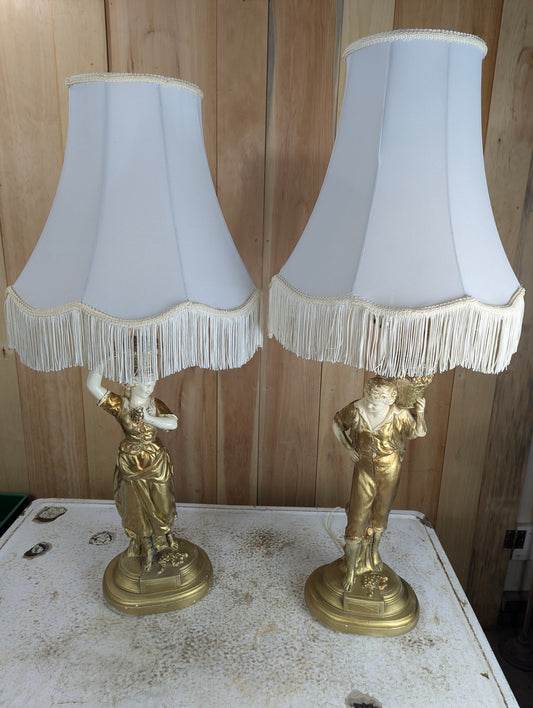 1930’s Pair of Decorative Moreau Style Figural Table Lamps with Shades